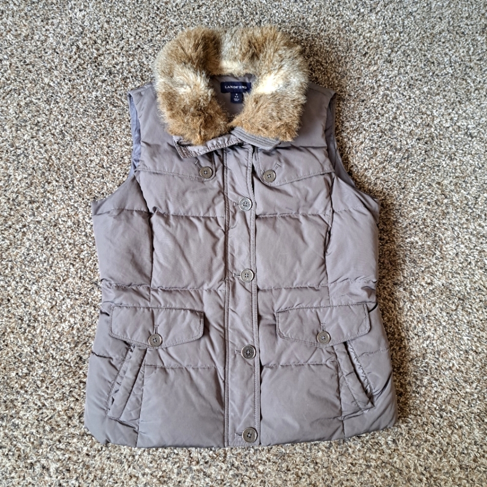 Lands End Down Puffer Vest Womens‎ Small Gray Faux Fur Trimmed Collar Pockets
